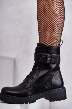 Damskie Botki Sznurowane Na Płaskim Obcasie Czarne Firmina