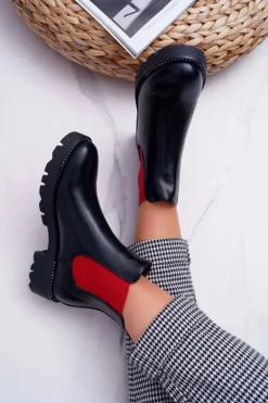 Damskie Botki Sztyblety Czerwone Gumki Czarne Superpower