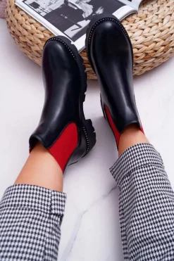 Damskie Botki Sztyblety Czerwone Gumki Czarne Superpower