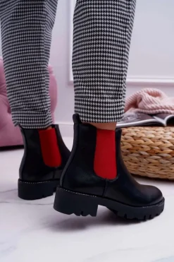 Damskie Botki Sztyblety Czerwone Gumki Czarne Superpower