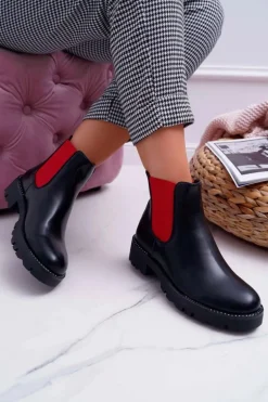 Damskie Botki Sztyblety Czerwone Gumki Czarne Superpower
