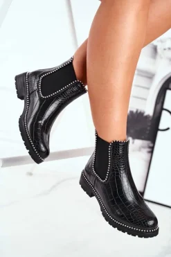 Damskie Botki Sztyblety Ciepłe Czarne Elvina