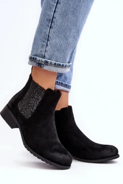 Damskie Botki Sztyblety Na płaskim Obcasie Czarne Sauamia