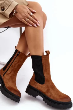 Damskie Botki Sztyblety Na Suwak Camel Samil