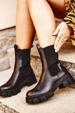 Damskie Botki Sztyblety Na Platformie Czarne Genius