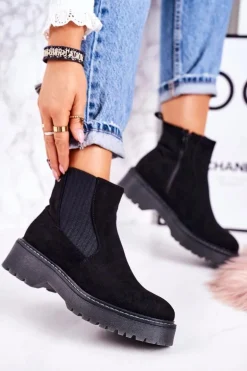 Damskie Botki Sztyblety Na Gumowej Podeszwie Zamszowe Czarne Voyager