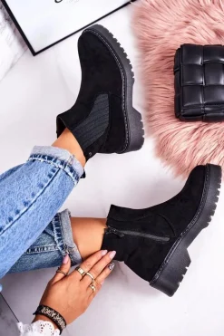 Damskie Botki Sztyblety Na Gumowej Podeszwie Zamszowe Czarne Voyager