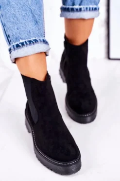 Damskie Botki Sztyblety Na Gumowej Podeszwie Zamszowe Czarne Voyager
