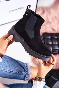 Damskie Botki Sztyblety Na Gumowej Podeszwie Zamszowe Czarne Voyager