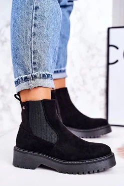 Damskie Botki Sztyblety Na Gumowej Podeszwie Zamszowe Czarne Voyager