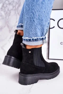 Damskie Botki Sztyblety Na Gumowej Podeszwie Zamszowe Czarne Voyager