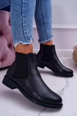 Damskie Botki Sztyblety Płaski Obcas Skórzane Czarne Barski W1901
