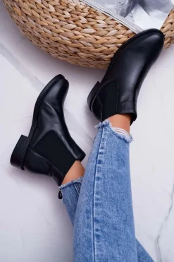 Damskie Botki Sztyblety Płaski Obcas Skórzane Czarne Barski W1901