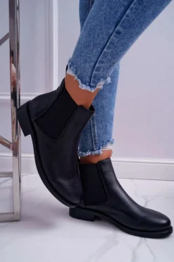 Damskie Botki Sztyblety Płaski Obcas Skórzane Czarne Barski W1901