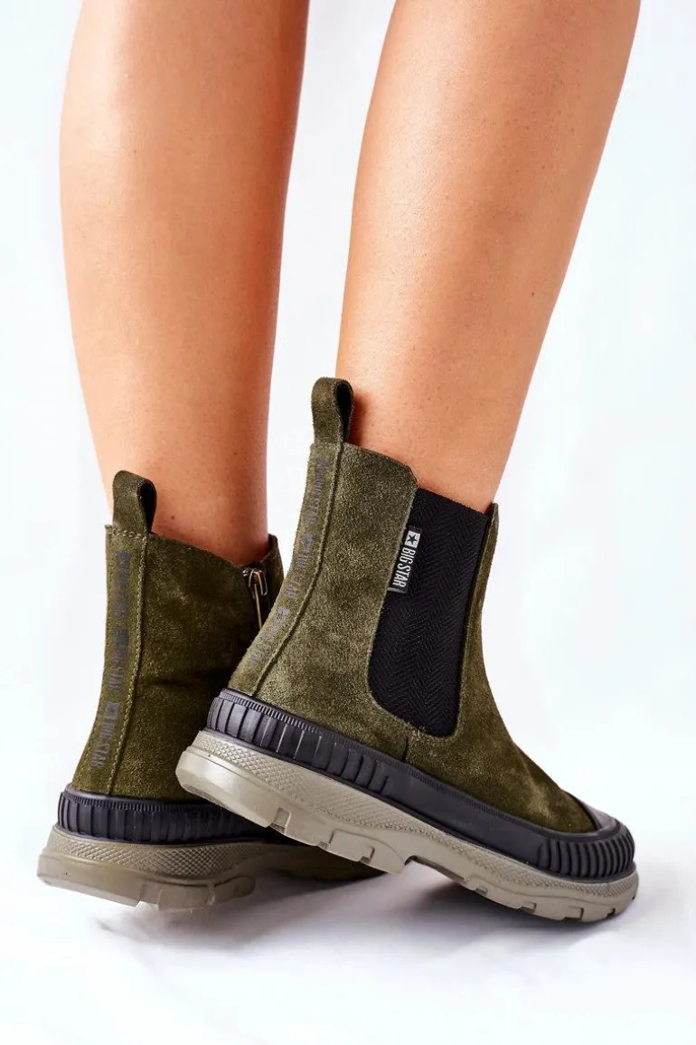 Damskie Botki Sztyblety Skóra Zamsz Big Star II274355 Khaki