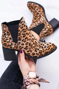 Damskie Botki Sztyblety W Panterkę Na Słupku Nity Savage