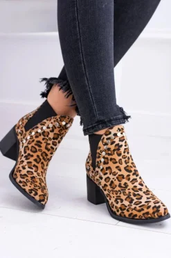 Damskie Botki Sztyblety W Panterkę Na Słupku Nity Savage