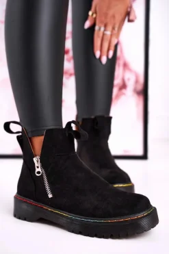 Damskie Botki Sztyblety Z Kolorowym Przeszyciem Zamszowe Czarne Addison