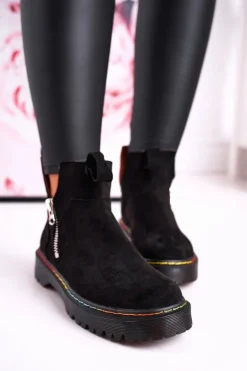 Damskie Botki Sztyblety Z Kolorowym Przeszyciem Zamszowe Czarne Addison