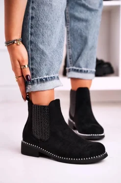 Damskie Botki Sztyblety Z Dżetami Zamszowe Czarne Meagan