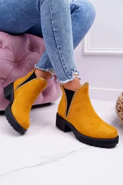 Damskie Botki Sztyblety Z Cyrkoniami Żółte Sissy