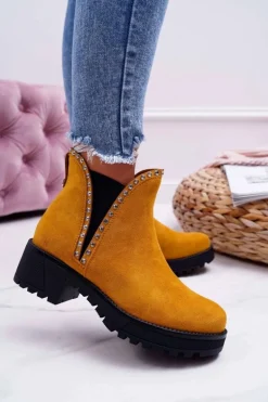 Damskie Botki Sztyblety Z Cyrkoniami Żółte Sissy