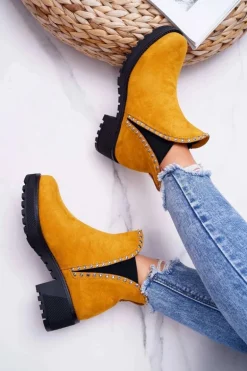 Damskie Botki Sztyblety Z Cyrkoniami Żółte Sissy