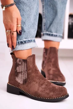 Damskie Botki Sztyblety Z Dżetami Zamszowe Brązowe Meagan