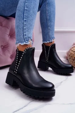 Damskie Botki Sztyblety Z Cyrkoniami Czarne Sissy