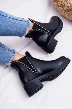 Damskie Botki Sztyblety Z Cyrkoniami Czarne Sissy