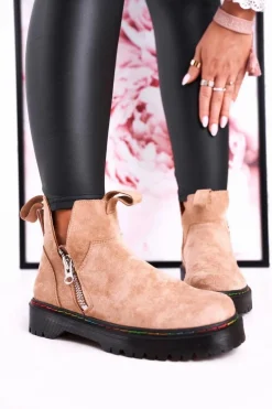 Damskie Botki Sztyblety Z Kolorowym Przeszyciem Zamszowe Beżowe Addison