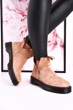 Damskie Botki Sztyblety Z Kolorowym Przeszyciem Zamszowe Beżowe Addison