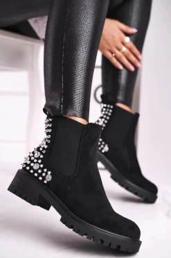 Damskie Botki Sztyblety Z Dżetami Czarne Lady In Black