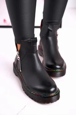 Damskie Botki Sztyblety Z Kolorowym Przeszyciem Czarne Addison