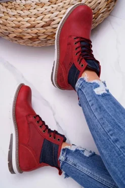 Damskie Botki Trapery Big Star Skórzane Bordowe EE274006