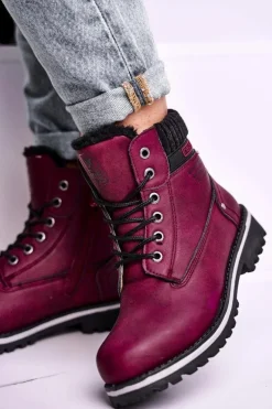 Damskie Botki Trapery Bordowe Grunders