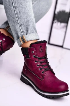 Damskie Botki Trapery Bordowe Grunders