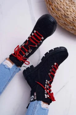 Damskie Botki Trapery Czarne Zamszowe Panther