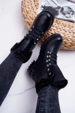 Damskie Botki Trapery Futerko Czarne Ergost