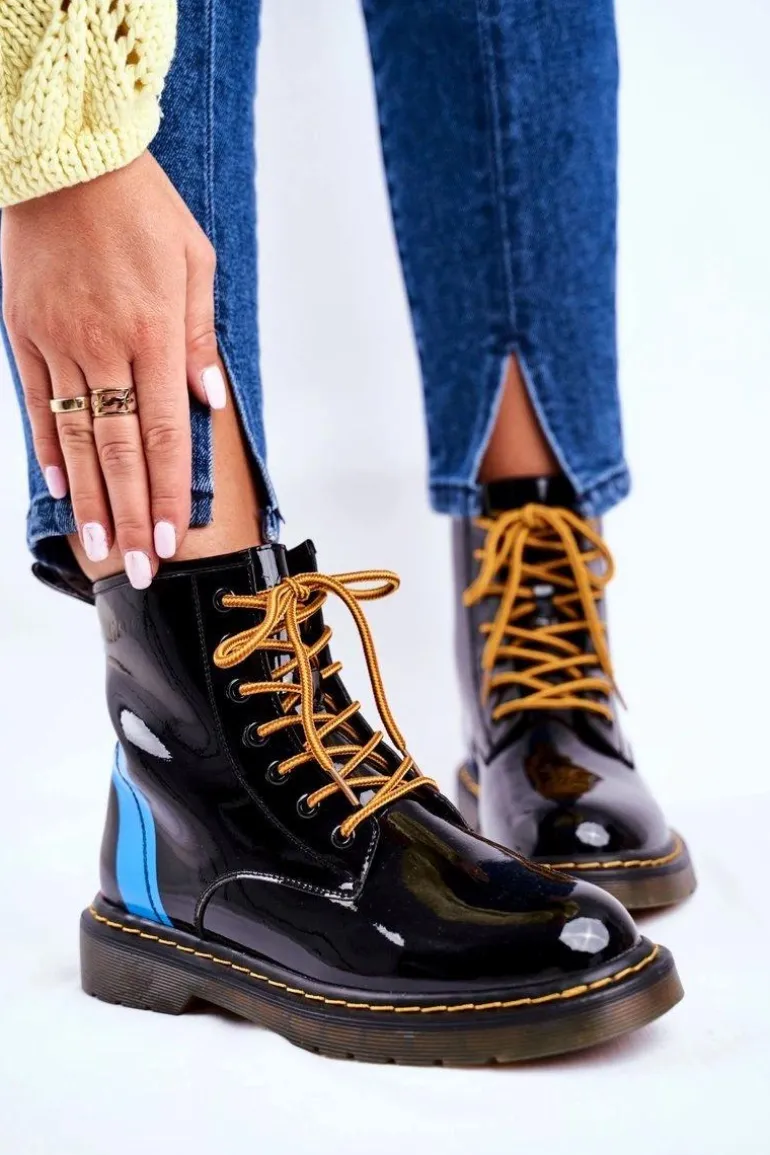 Damskie Botki Trapery Glany Goe Skórzane Czarne GG2N3056