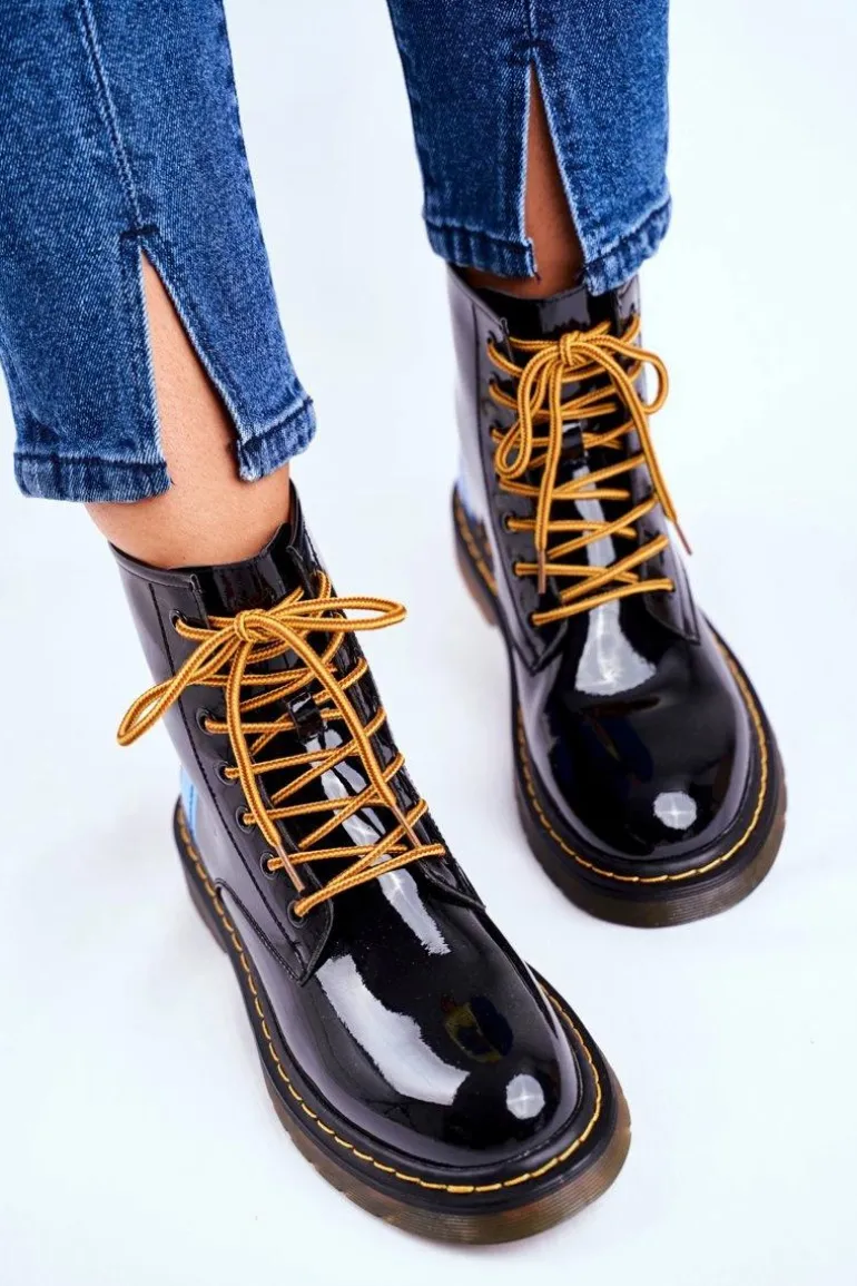 Damskie Botki Trapery Glany Goe Skórzane Czarne GG2N3056