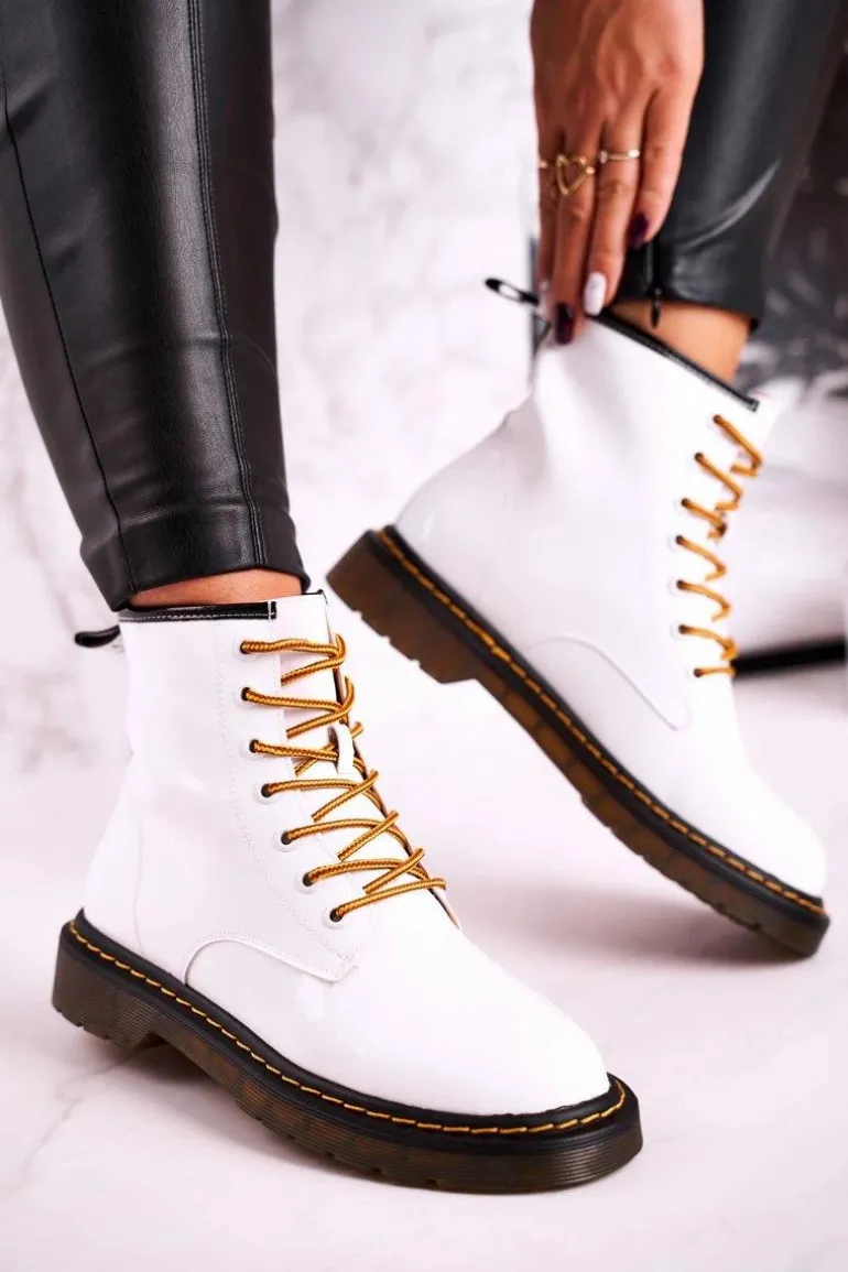 Damskie Botki Trapery Glany Skórzane Białe GOE GG2N3057A