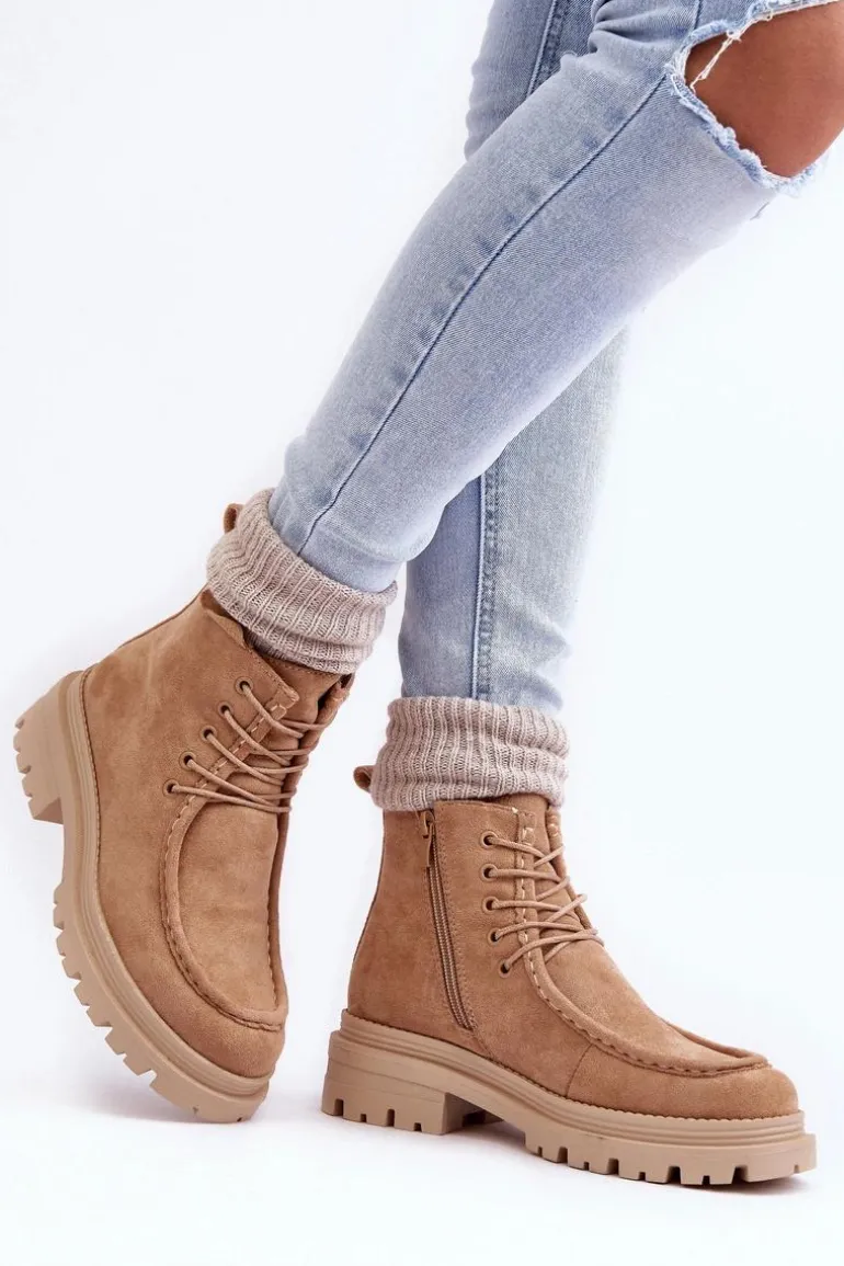 Damskie Botki Trapery Na Suwak Ciemnobeżowe Apolosi