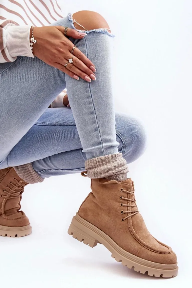 Damskie Botki Trapery Na Suwak Ciemnobeżowe Apolosi