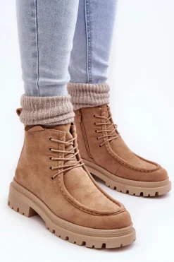 Damskie Botki Trapery Na Suwak Ciemnobeżowe Apolosi