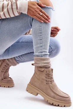 Damskie Botki Trapery Na Suwak Beżowe Apolosi