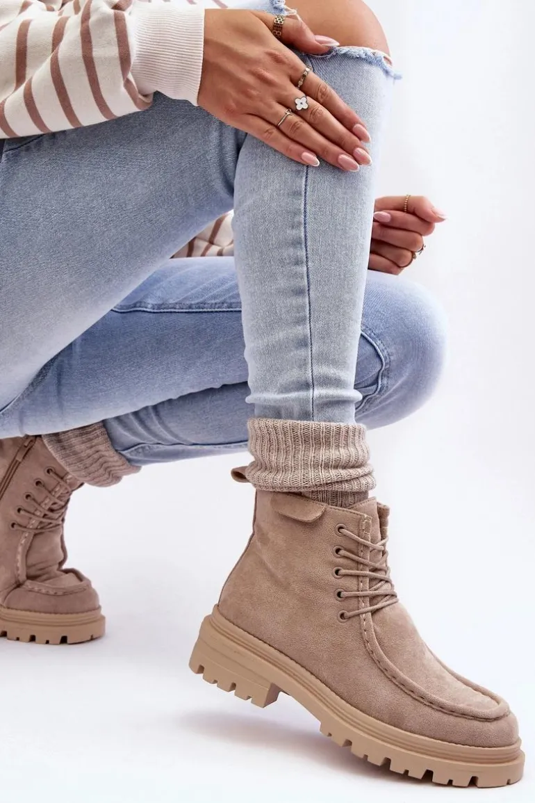 Damskie Botki Trapery Na Suwak Beżowe Apolosi