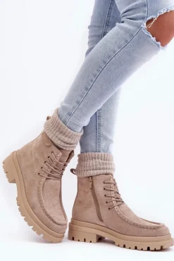 Damskie Botki Trapery Na Suwak Beżowe Apolosi