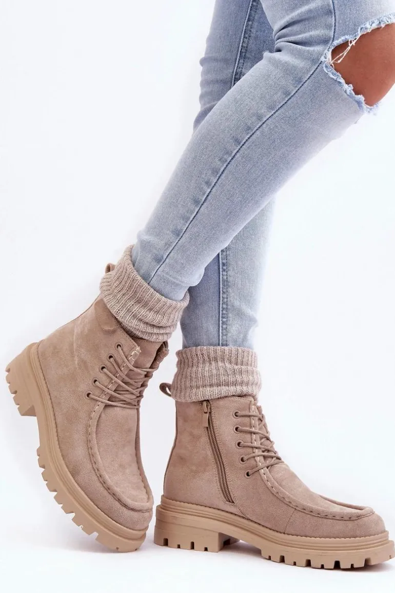 Damskie Botki Trapery Na Suwak Beżowe Apolosi