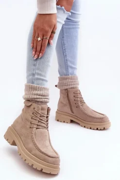 Damskie Botki Trapery Na Suwak Beżowe Apolosi